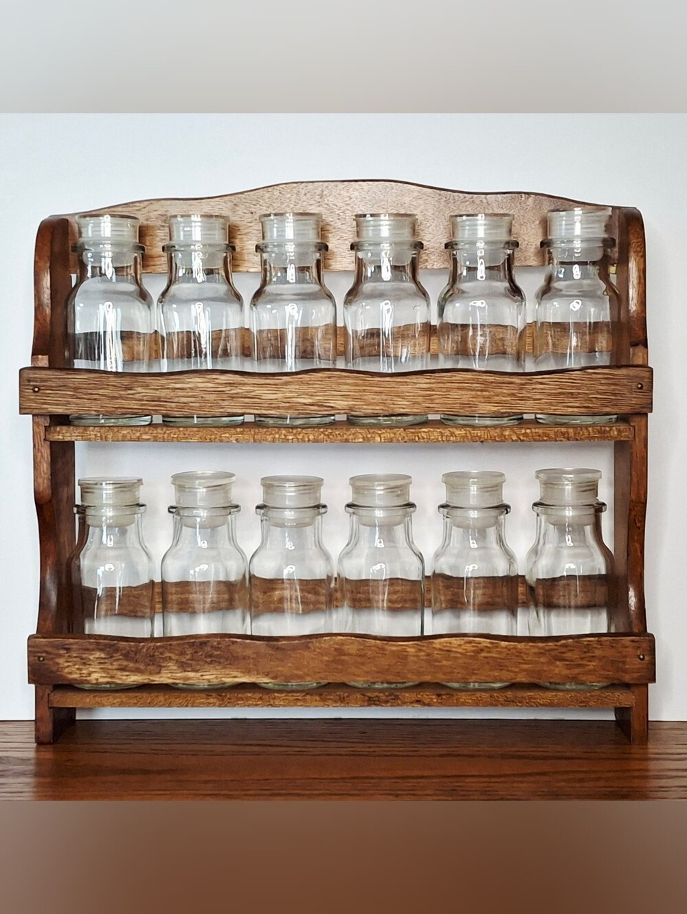 Vintage Wood Two Tier Spice Rack Apothecary Glass Jar Set Grandmacore Kitchen
